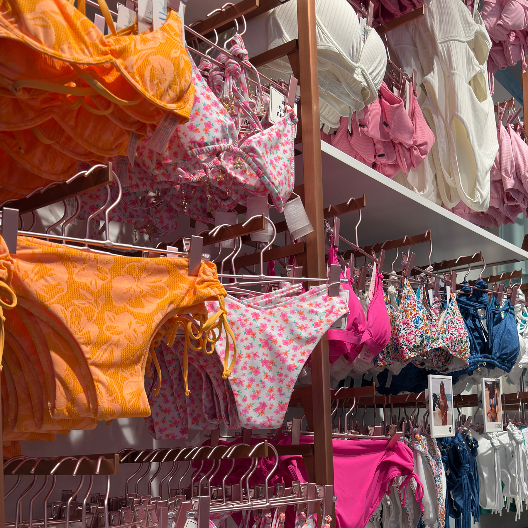 Display of swimsuits in a Bikini Village store